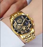 2023 New Premium BINBOND Men's Watch Skeleton Calendar Non-Mechanical Tourbillon Quartz Waterproof Watch (Gold)