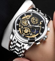 2023 New Premium BINBOND Men's Watch Skeleton Calendar Non-Mechanical Tourbillon Quartz Waterproof Watch (Ash Silver))